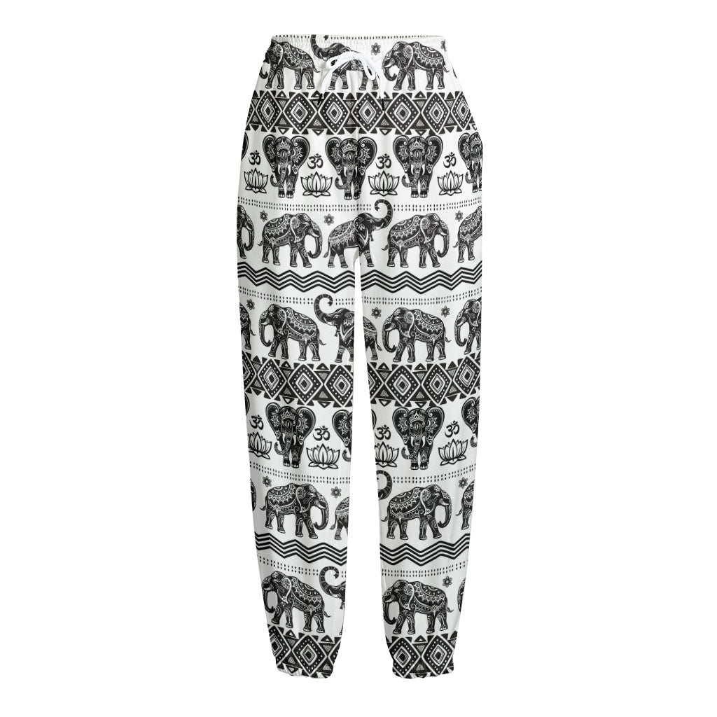 White And Black Indian Elephant Print Fleece Lined Knit Pants