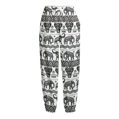 White And Black Indian Elephant Print Fleece Lined Knit Pants