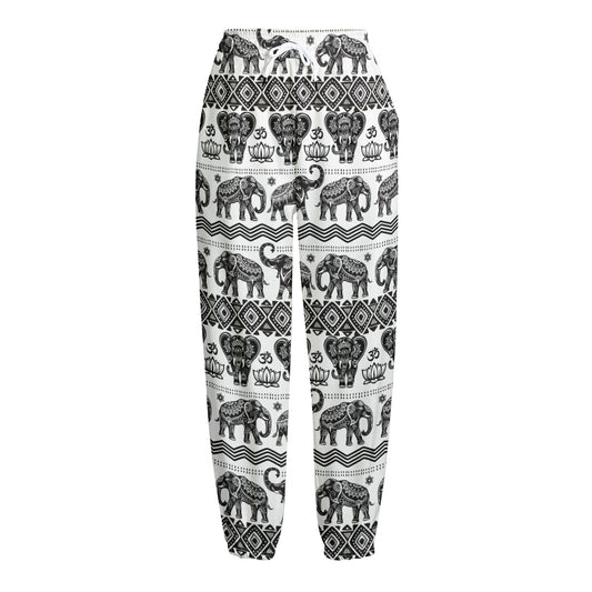 White And Black Indian Elephant Print Fleece Lined Knit Pants