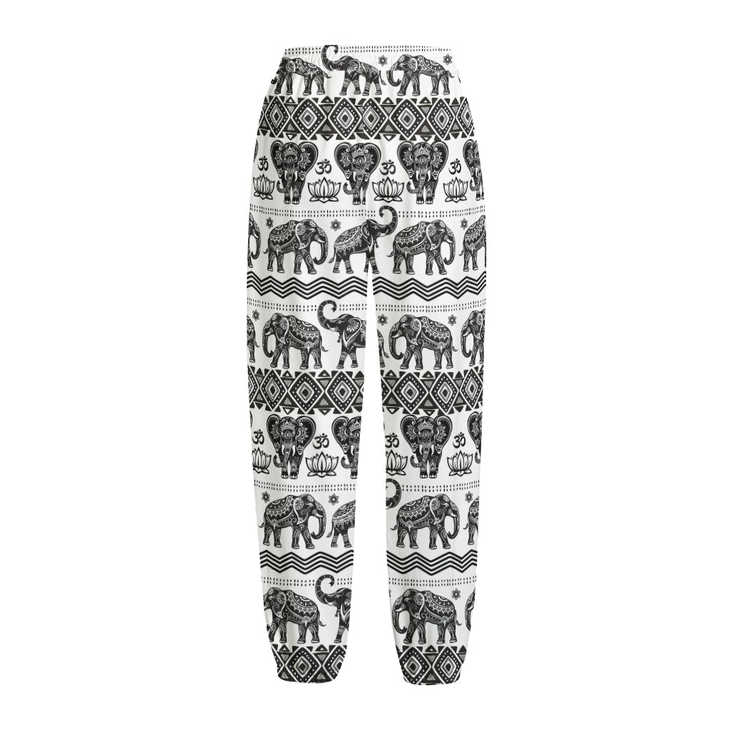 White And Black Indian Elephant Print Fleece Lined Knit Pants