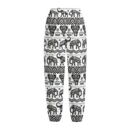 White And Black Indian Elephant Print Fleece Lined Knit Pants