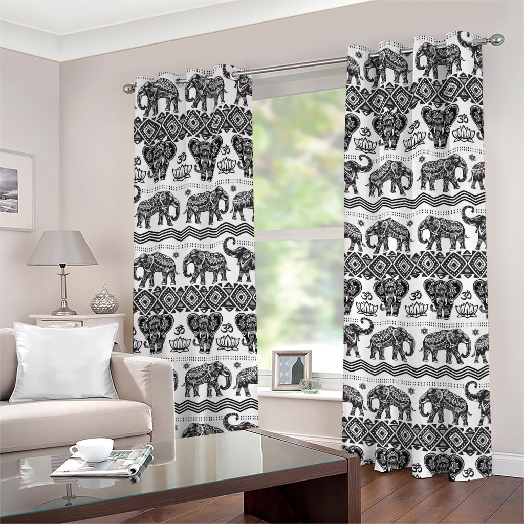 White And Black Indian Elephant Print Grommet Curtains