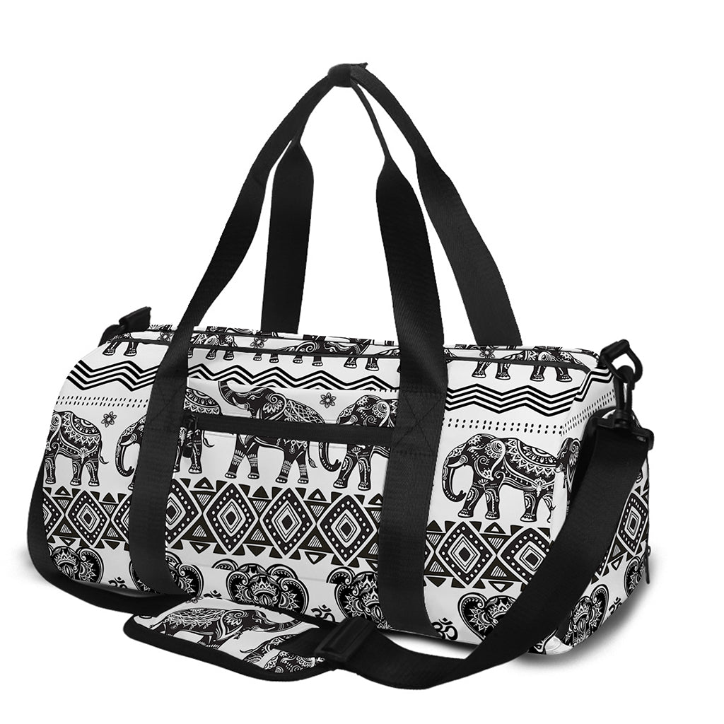 White And Black Indian Elephant Print Gym Bag