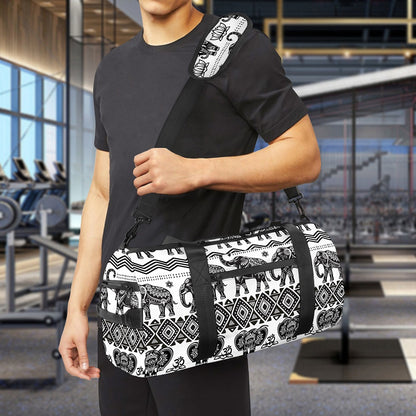 White And Black Indian Elephant Print Gym Bag