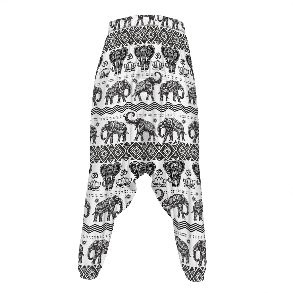 White And Black Indian Elephant Print Hammer Pants