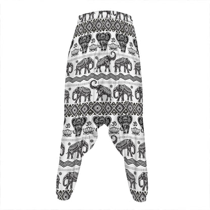 White And Black Indian Elephant Print Hammer Pants