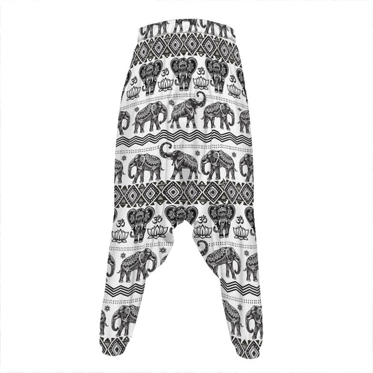 White And Black Indian Elephant Print Hammer Pants