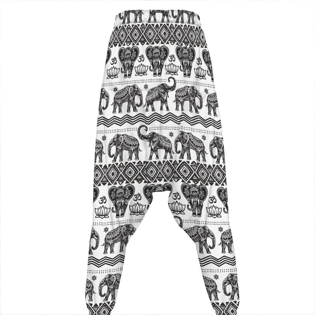 White And Black Indian Elephant Print Hammer Pants