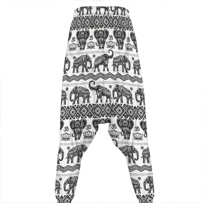White And Black Indian Elephant Print Hammer Pants
