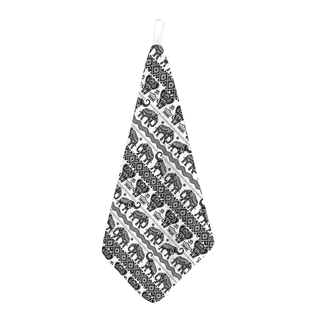 White And Black Indian Elephant Print Hand Towel