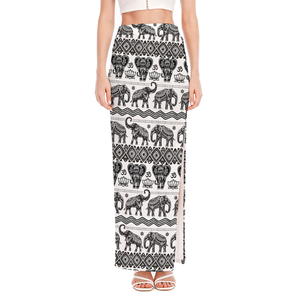 White And Black Indian Elephant Print High Slit Maxi Skirt