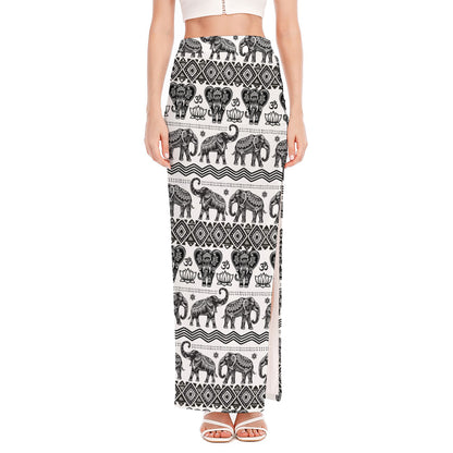 White And Black Indian Elephant Print High Slit Maxi Skirt
