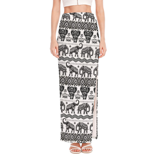White And Black Indian Elephant Print High Slit Maxi Skirt