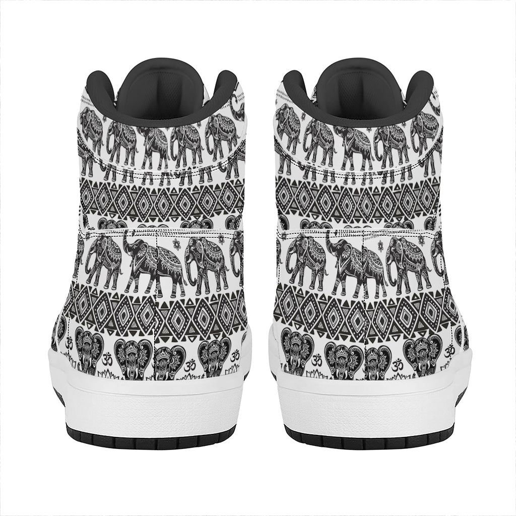 White And Black Indian Elephant Print High Top Leather Sneakers