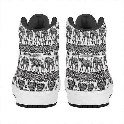 White And Black Indian Elephant Print High Top Leather Sneakers