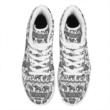 White And Black Indian Elephant Print High Top Leather Sneakers