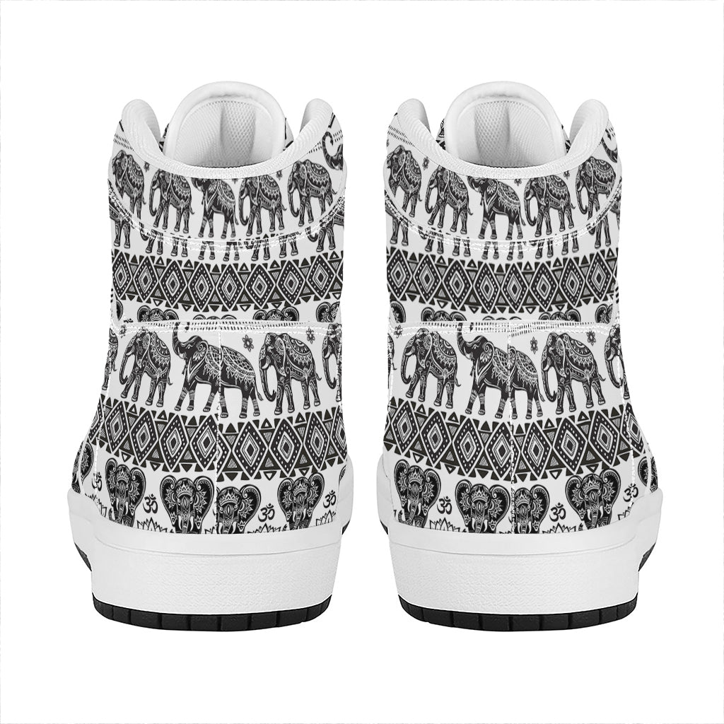 White And Black Indian Elephant Print High Top Leather Sneakers