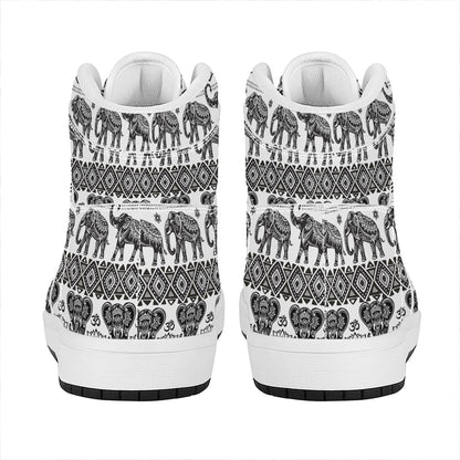 White And Black Indian Elephant Print High Top Leather Sneakers
