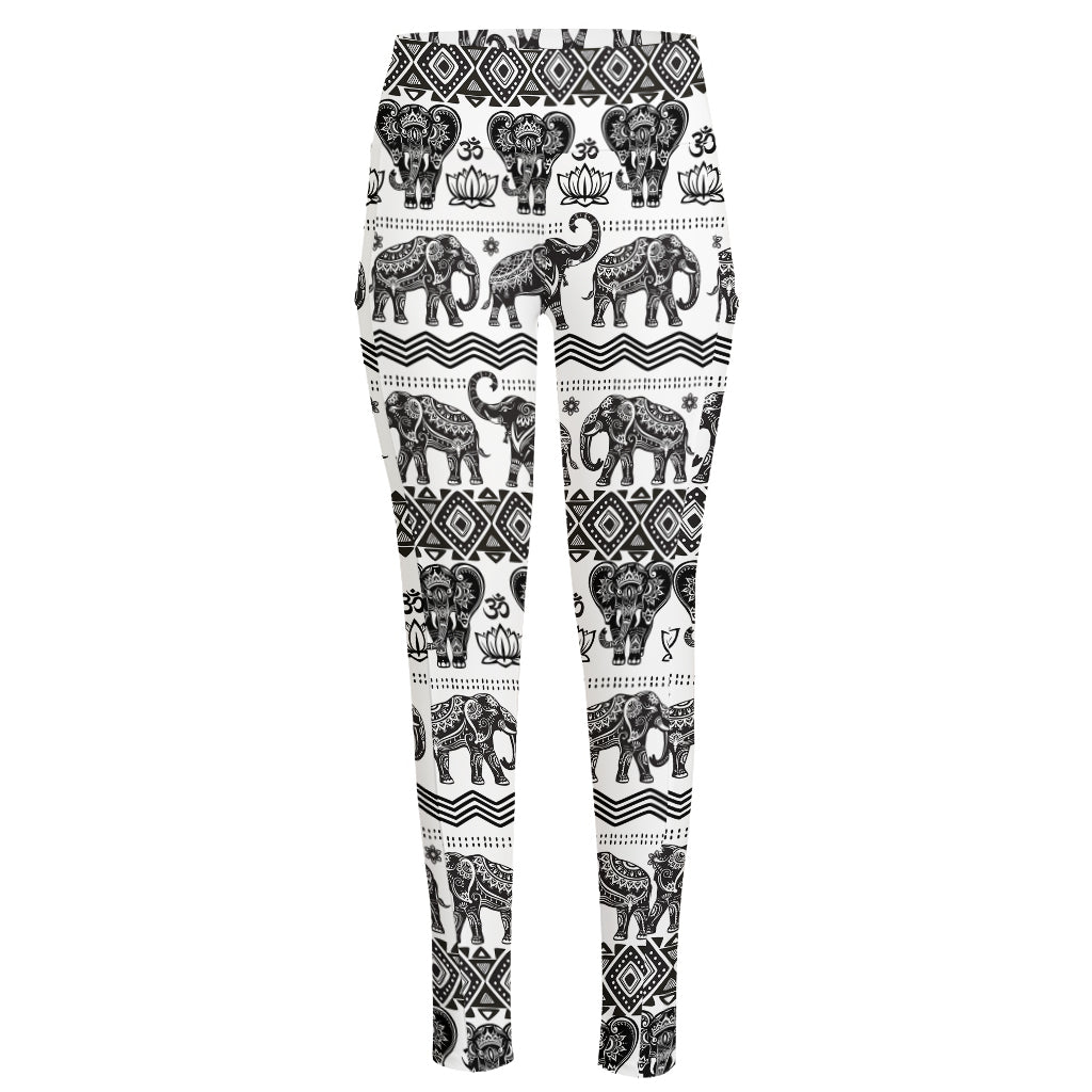 White And Black Indian Elephant Print High-Waisted Pocket Leggings