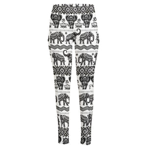 White And Black Indian Elephant Print High-Waisted Pocket Leggings