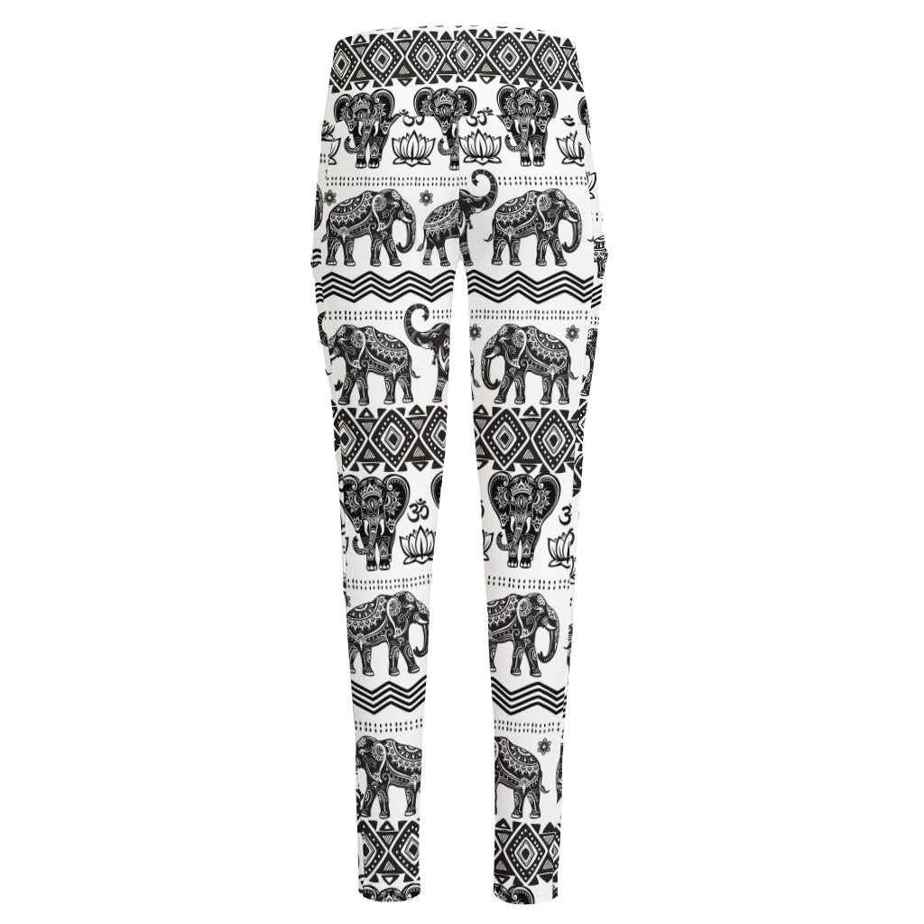 White And Black Indian Elephant Print High-Waisted Pocket Leggings