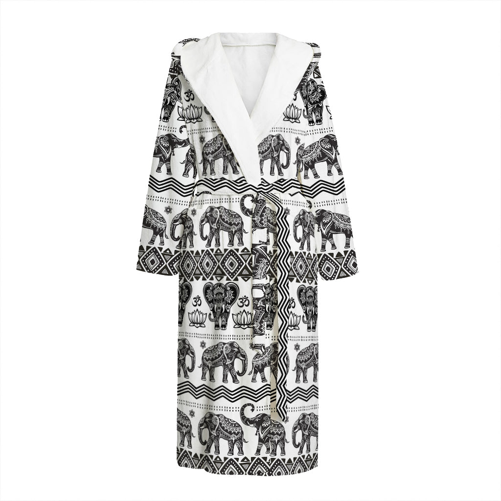 White And Black Indian Elephant Print Hooded Bathrobe