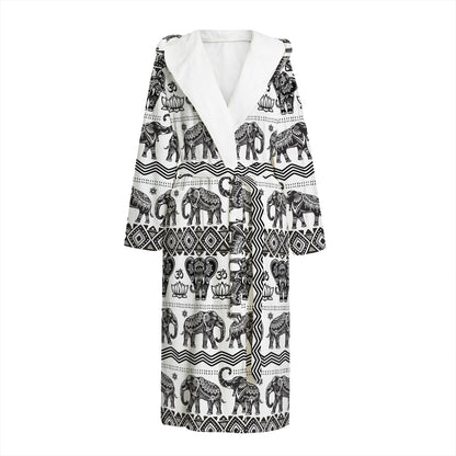 White And Black Indian Elephant Print Hooded Bathrobe