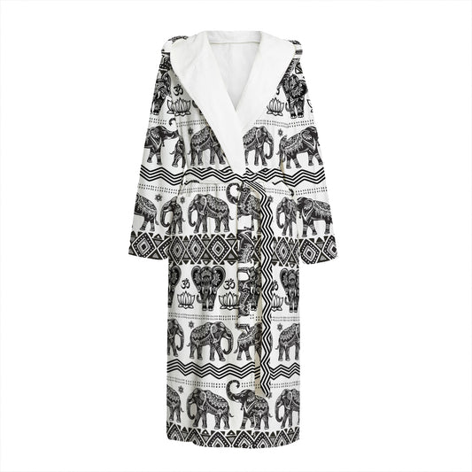 White And Black Indian Elephant Print Hooded Bathrobe