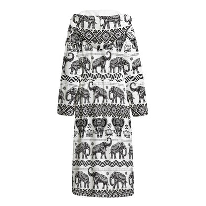 White And Black Indian Elephant Print Hooded Bathrobe