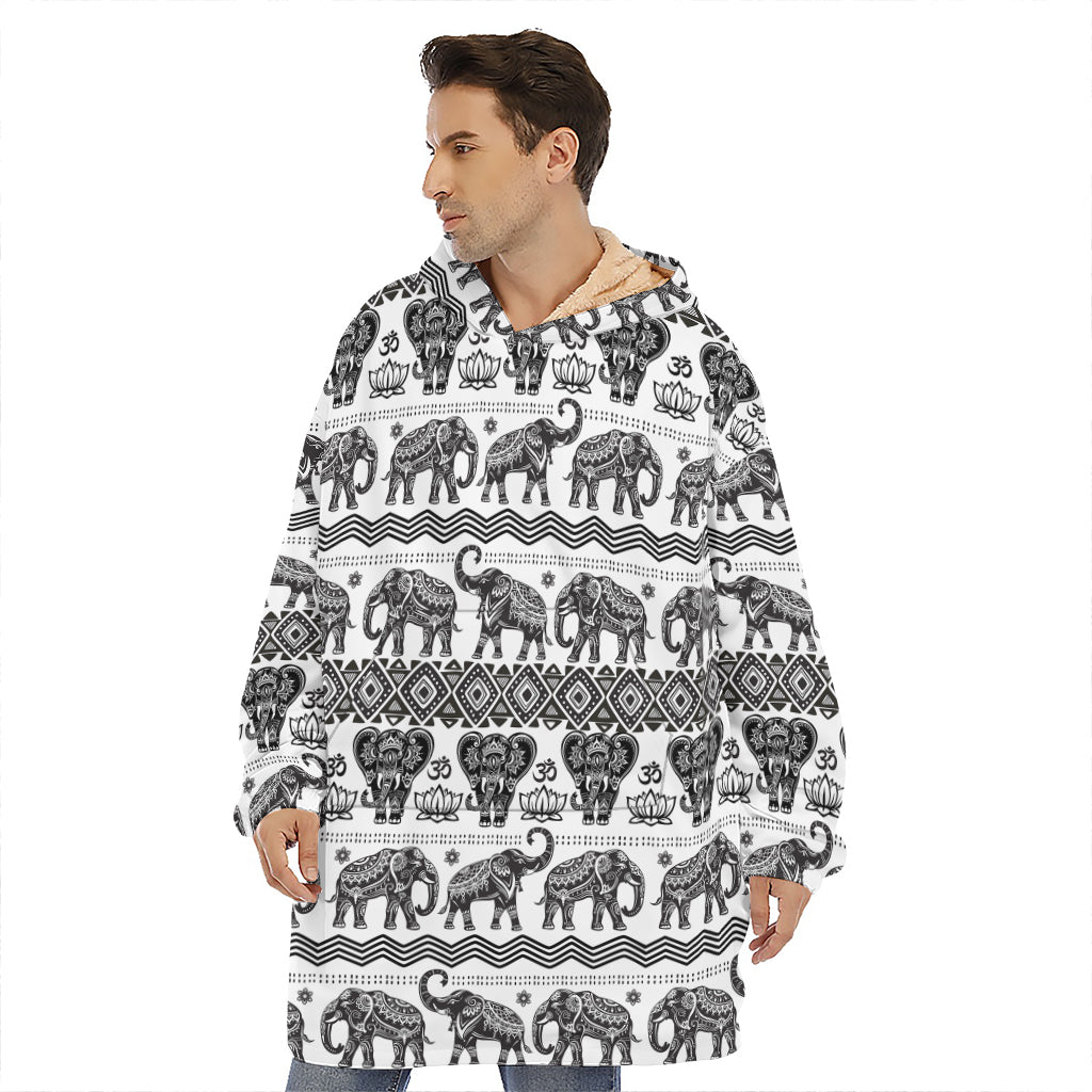 White And Black Indian Elephant Print Hoodie Blanket
