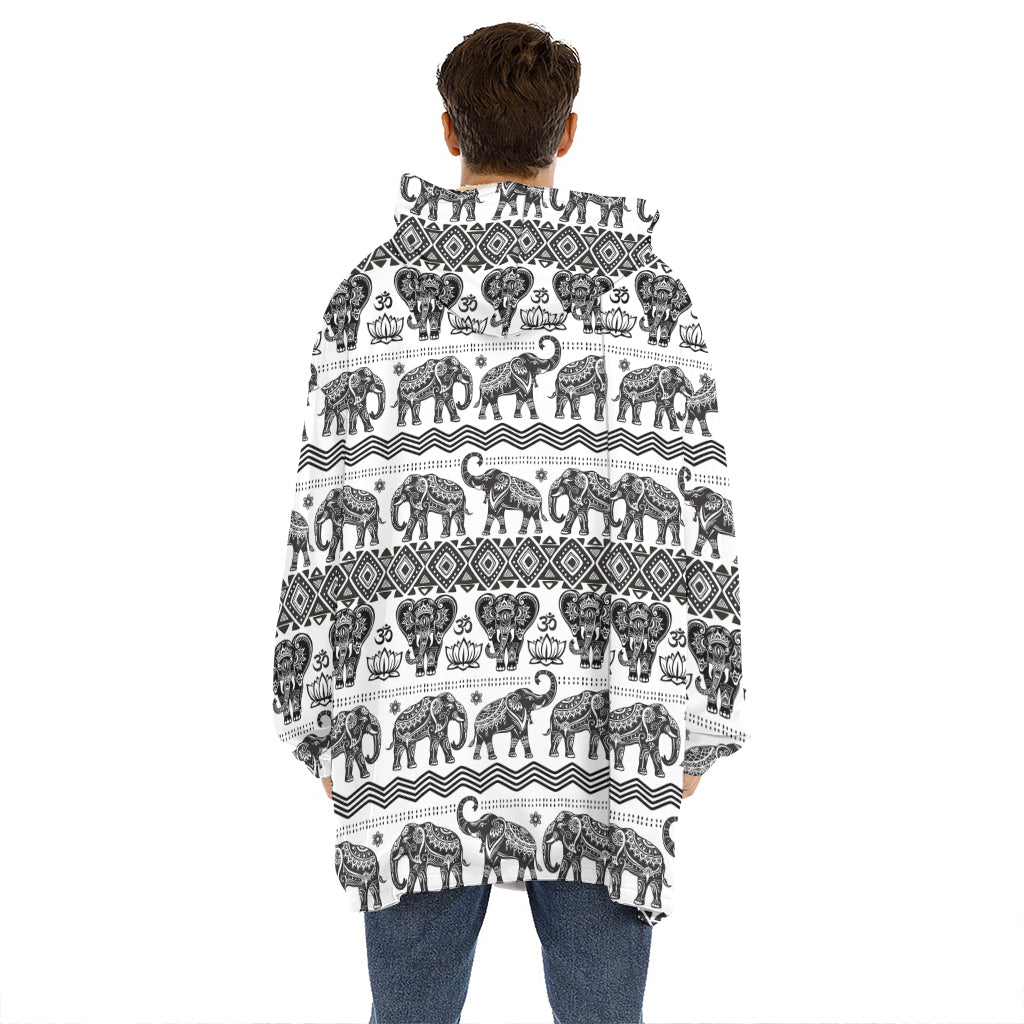 White And Black Indian Elephant Print Hoodie Blanket