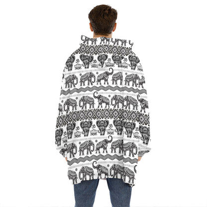 White And Black Indian Elephant Print Hoodie Blanket