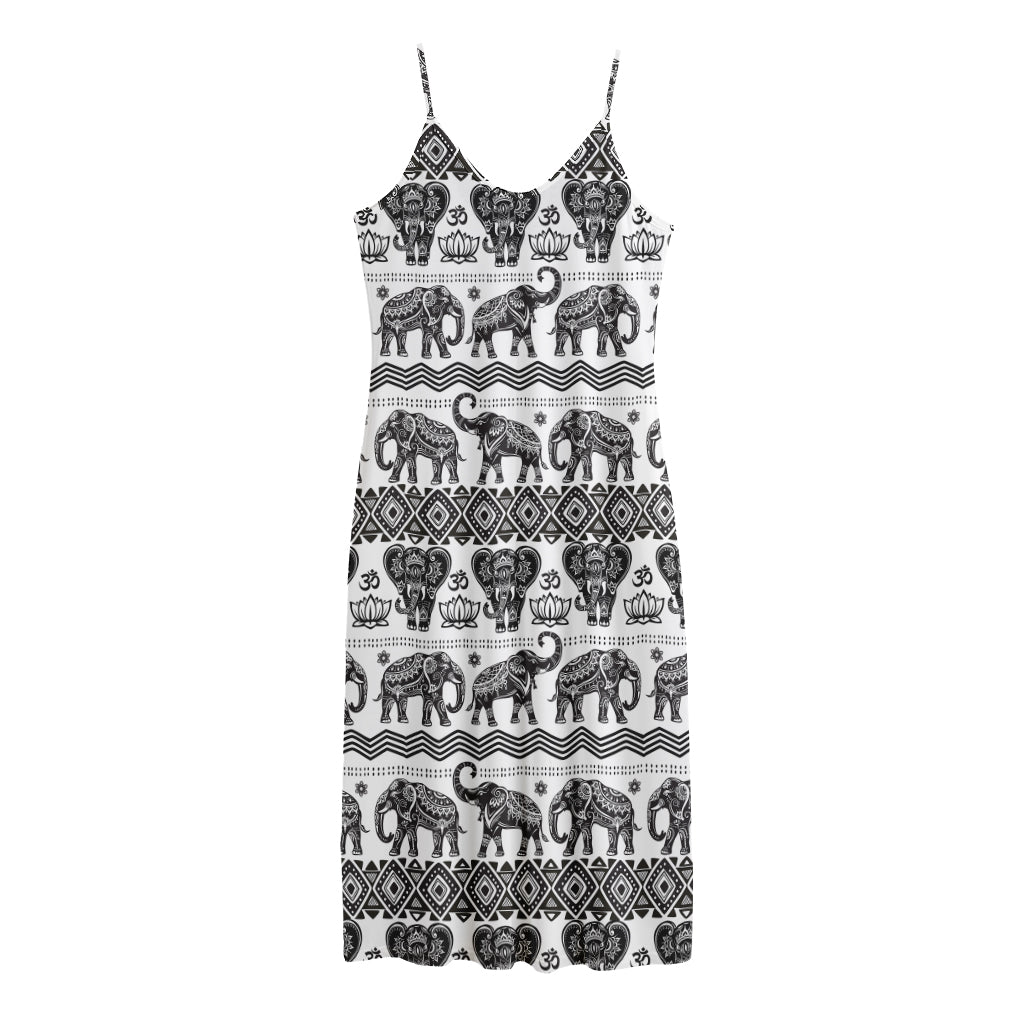 White And Black Indian Elephant Print Jersey Midi Cami Dress