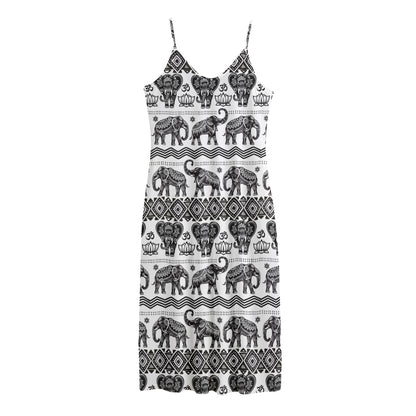 White And Black Indian Elephant Print Jersey Midi Cami Dress