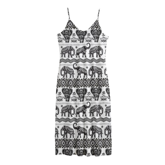 White And Black Indian Elephant Print Jersey Midi Cami Dress
