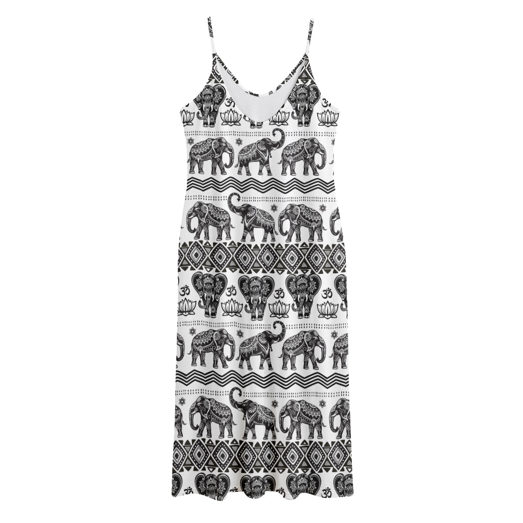 White And Black Indian Elephant Print Jersey Midi Cami Dress