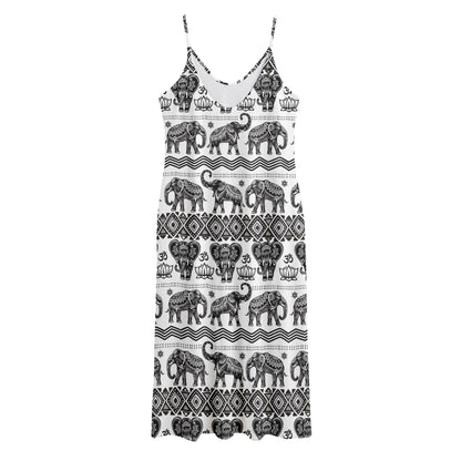 White And Black Indian Elephant Print Jersey Midi Cami Dress