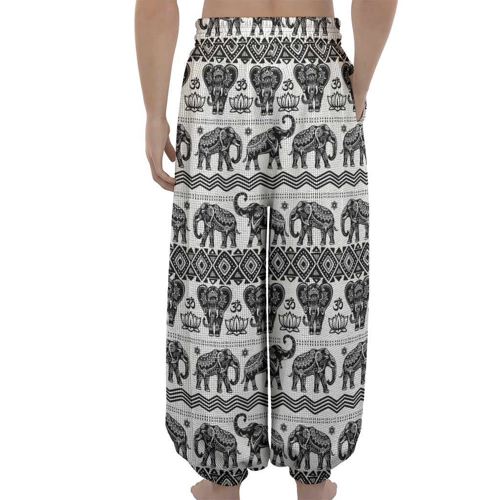 White And Black Indian Elephant Print Lantern Pants