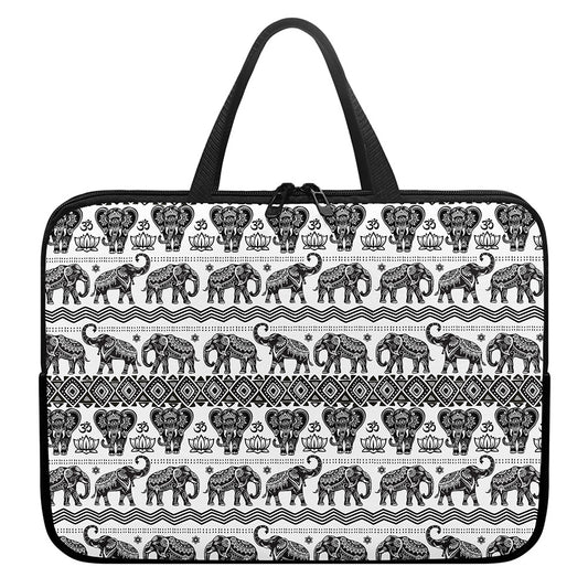 White And Black Indian Elephant Print Laptop Sleeve With Handle