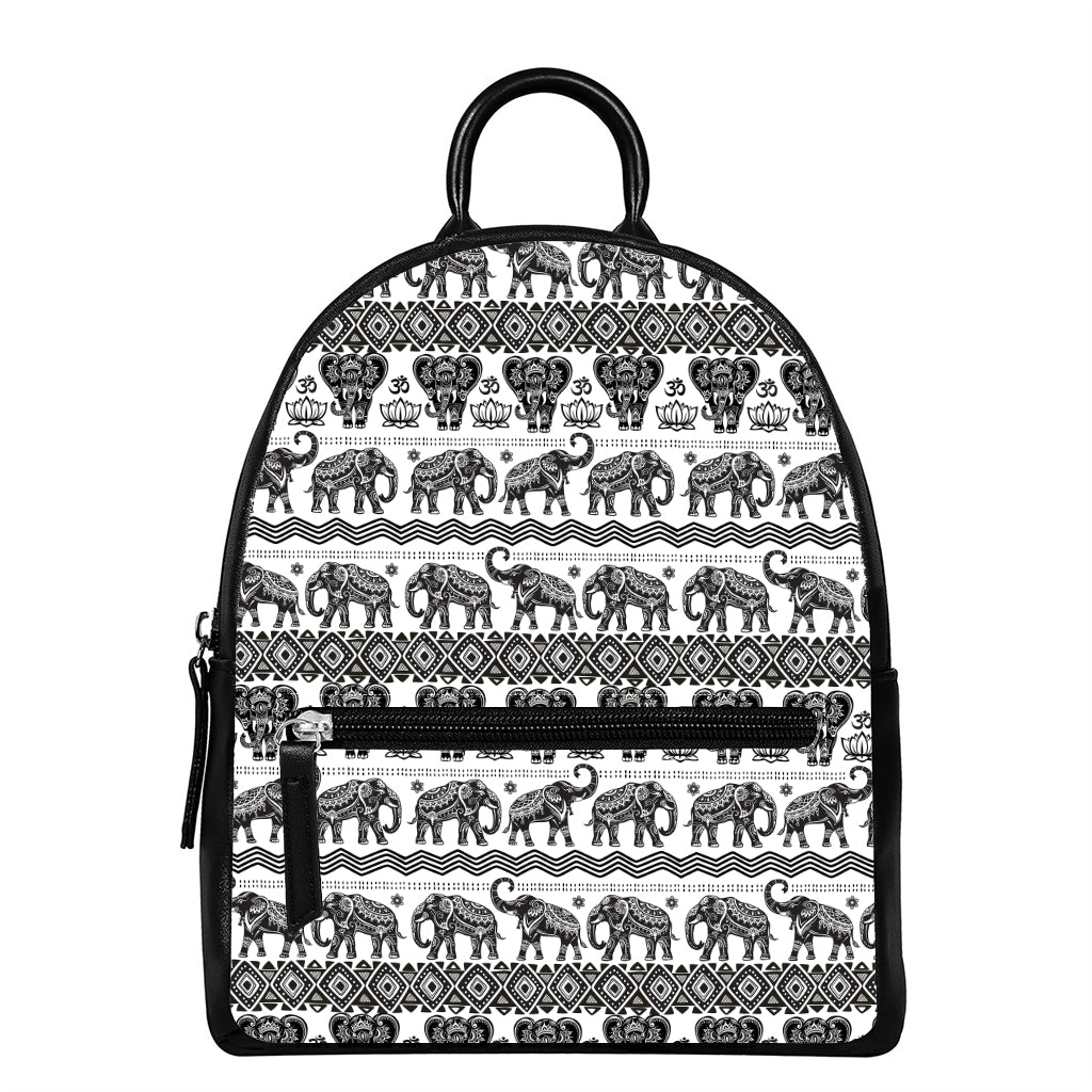 White And Black Indian Elephant Print Leather Backpack