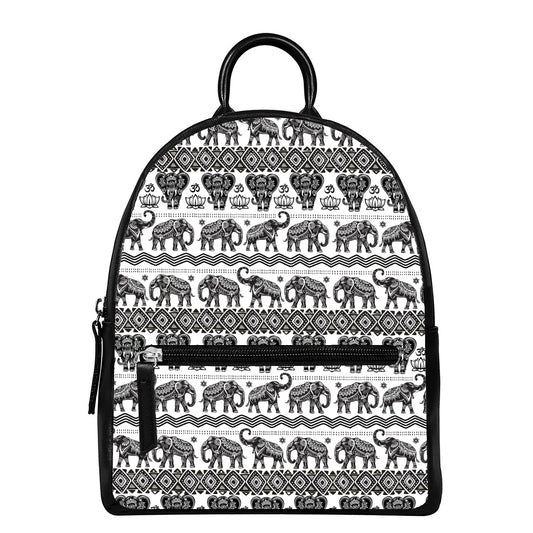 White And Black Indian Elephant Print Leather Backpack
