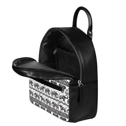 White And Black Indian Elephant Print Leather Backpack