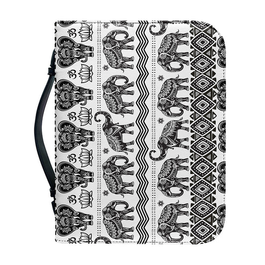 White And Black Indian Elephant Print Leather Bible Cover