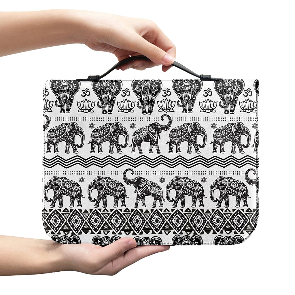 White And Black Indian Elephant Print Leather Bible Cover