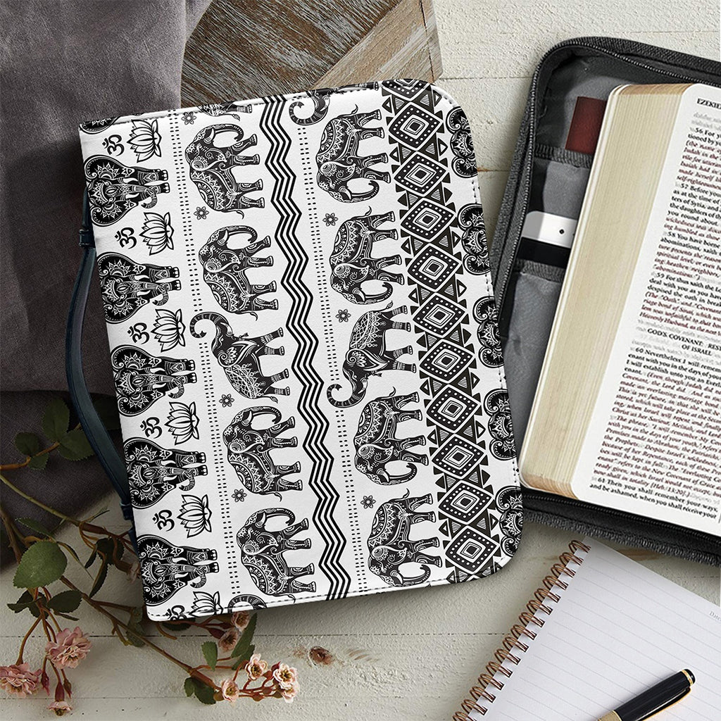 White And Black Indian Elephant Print Leather Bible Cover