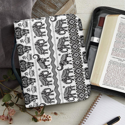 White And Black Indian Elephant Print Leather Bible Cover