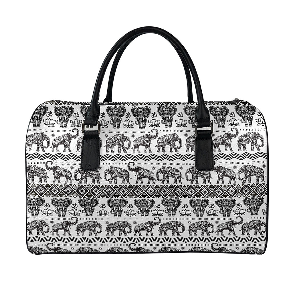White And Black Indian Elephant Print Leather Duffle Bag