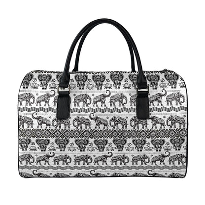 White And Black Indian Elephant Print Leather Duffle Bag