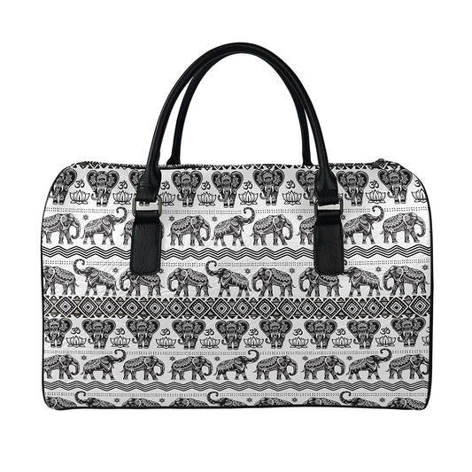 White And Black Indian Elephant Print Leather Duffle Bag