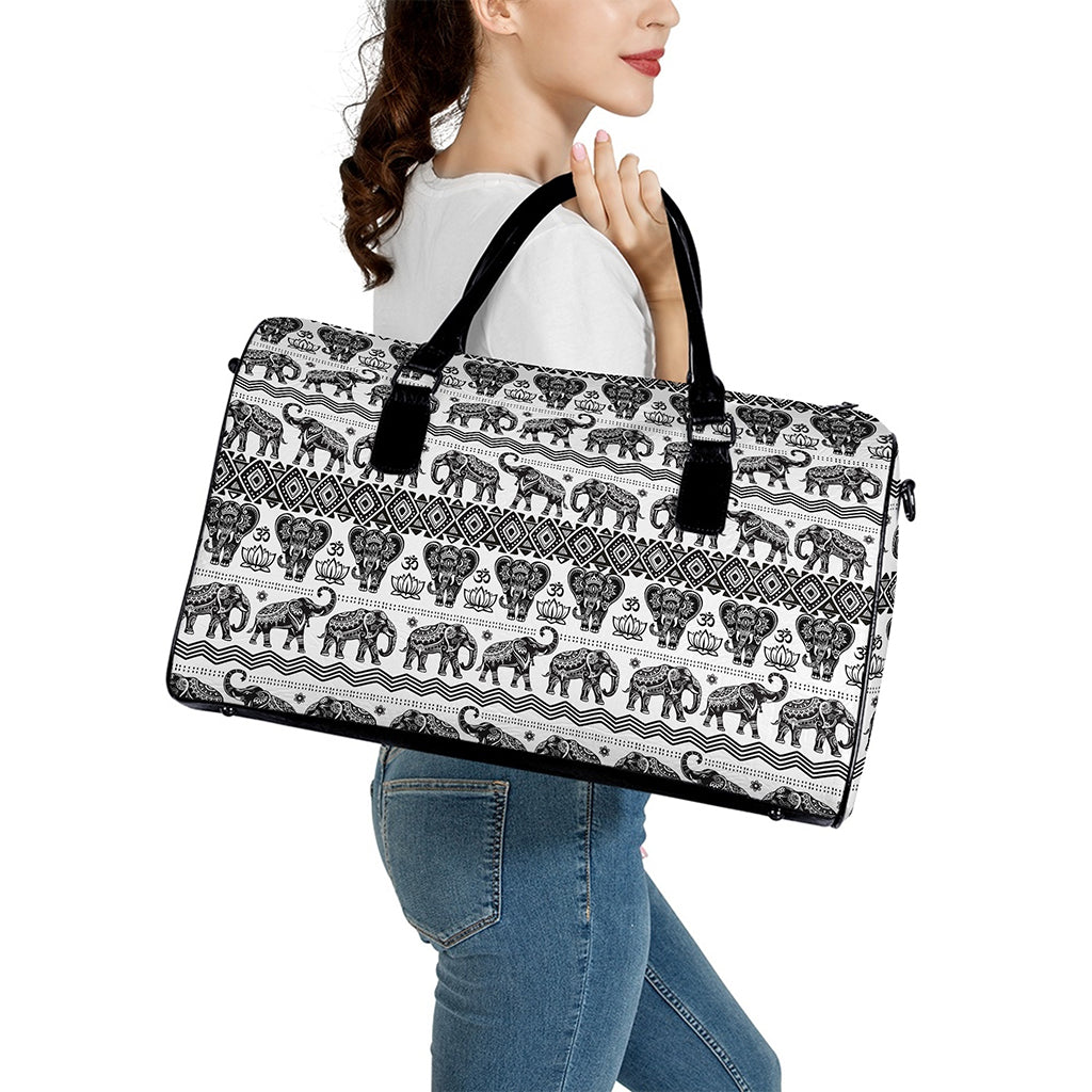 White And Black Indian Elephant Print Leather Duffle Bag